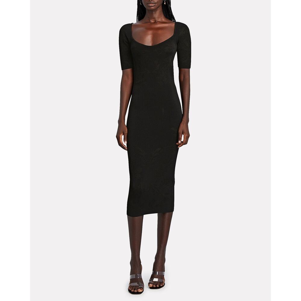 Cushnie Black Floral Jacquard Knit Short Sleeve Midi Dress Size‎ XS